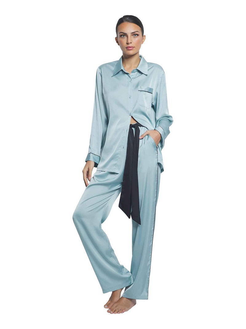 Pyjama pantalon chemise manches longues Satin Vert - Kiabi