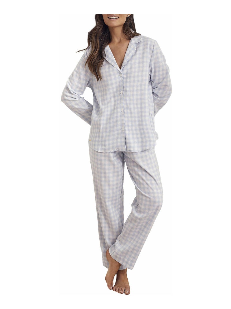 Pyjama pantalon chemise manches longues Vichy Bleu - Kiabi