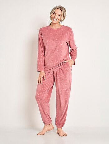 Pyjama pantalon col rond velours embossé pois