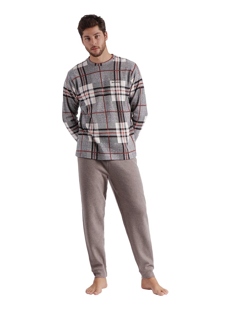 Pyjama pantalon et haut manches longues Tartan Marron - Kiabi