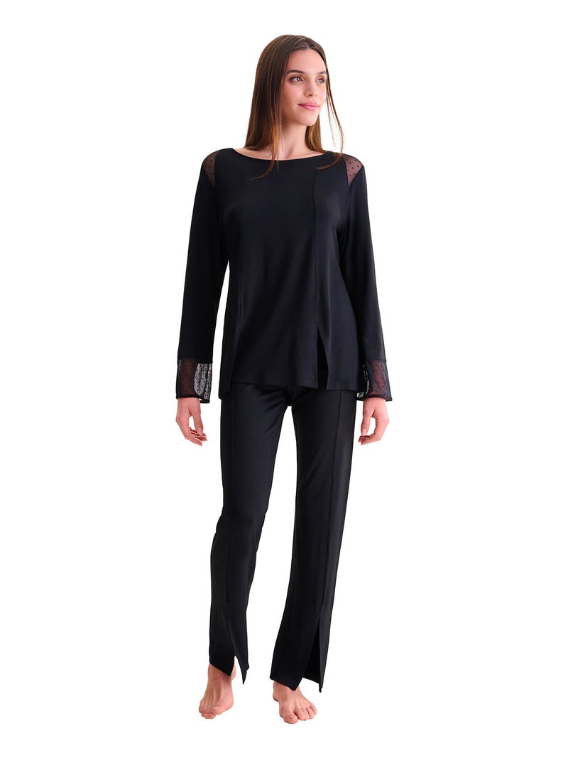 Pyjama pantalon évasé tunique manches longues ROXANNE Noir - Kiabi