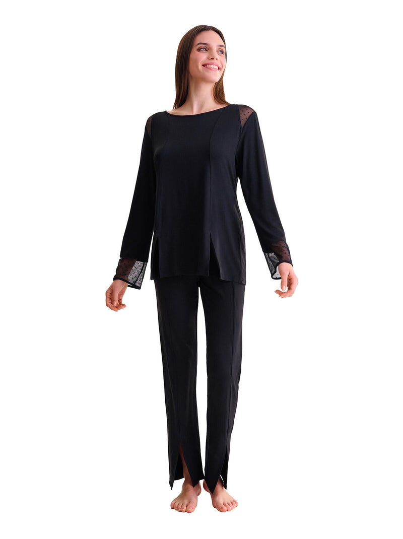 Pyjama pantalon évasé tunique manches longues ROXANNE Noir - Kiabi