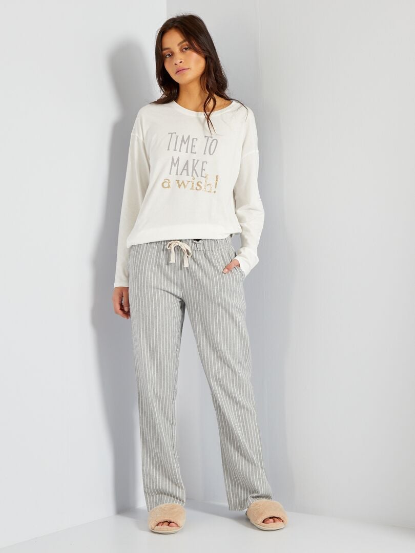 Pyjama pantalon flanelle - 2 pièces écru/gris - Kiabi
