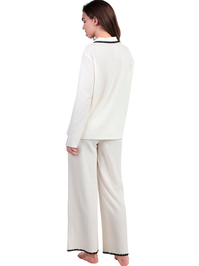 Pyjama pantalon large et chemise manches longues Stitching Ecru - Kiabi