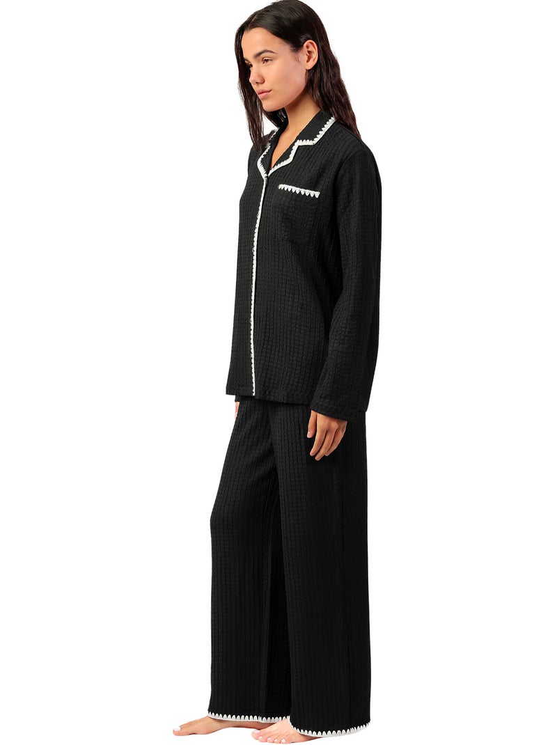 Pyjama pantalon large et chemise manches longues Stitching Noir - Kiabi
