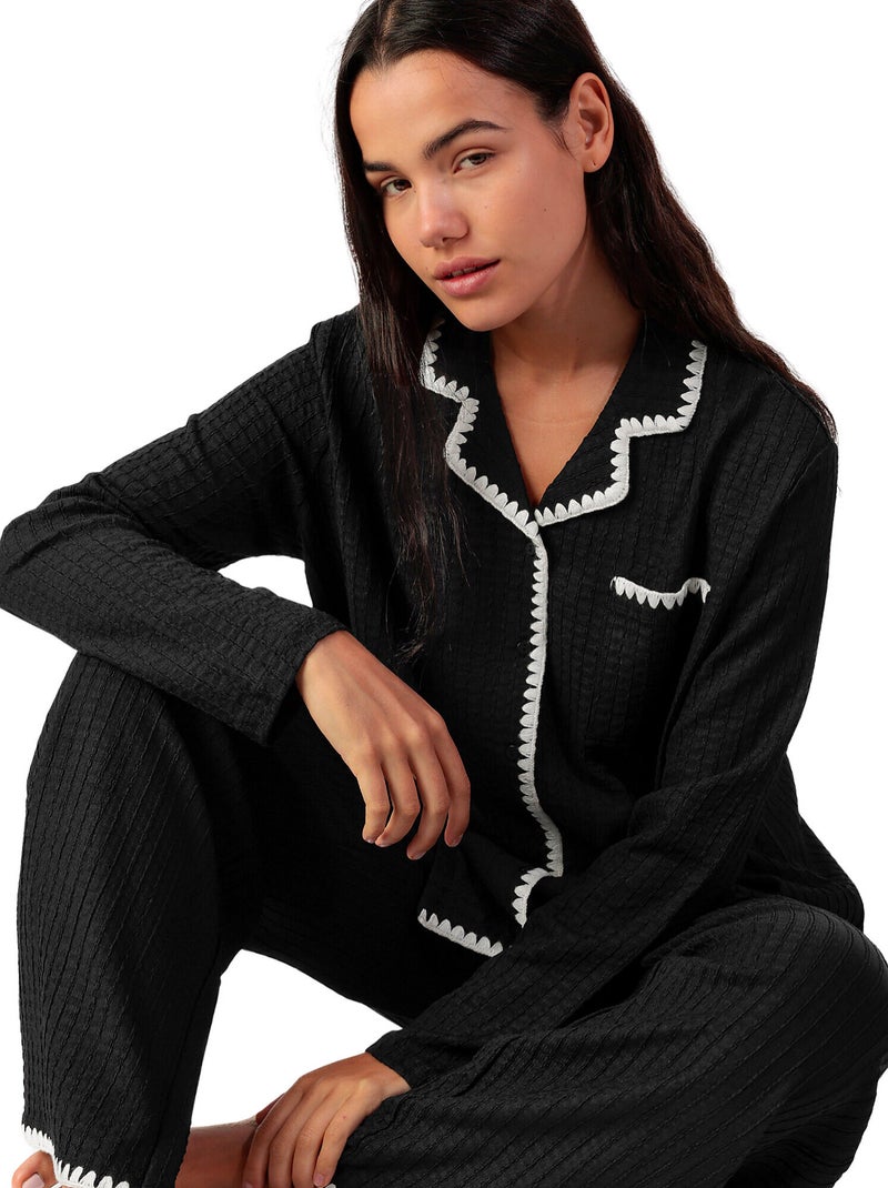 Pyjama pantalon large et chemise manches longues Stitching Noir - Kiabi