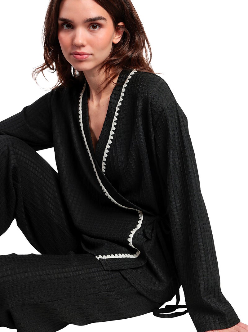 Pyjama pantalon large tunique croisée Luxury Stitching Noir - Kiabi