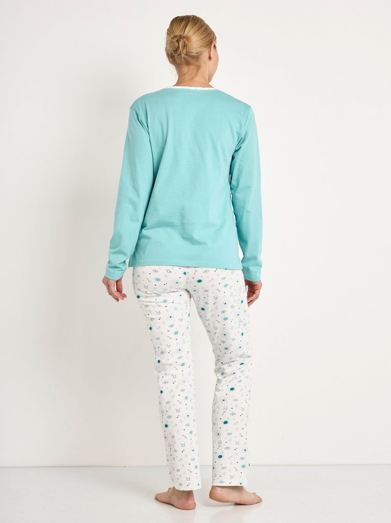 Pyjama pantalon manches longues coton - Afibel Bleu aqua - Kiabi