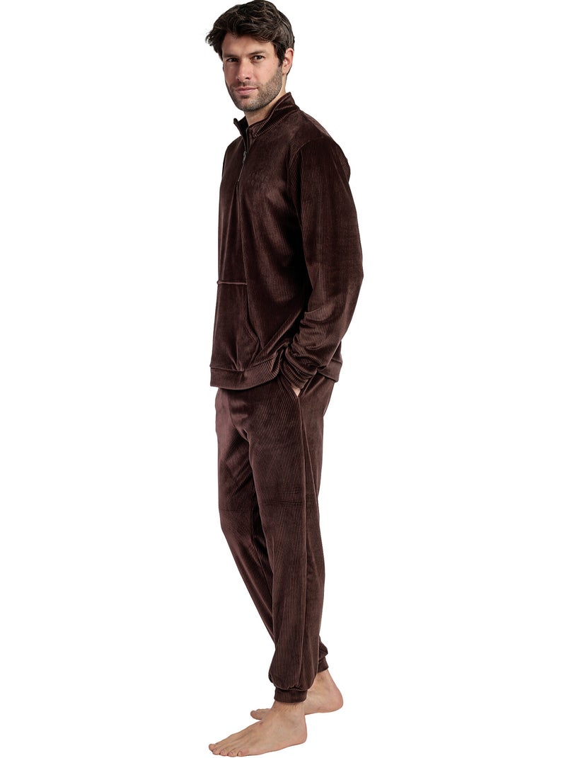 Pyjama pantalon sweat col montant zippé Corduroy Marron - Kiabi