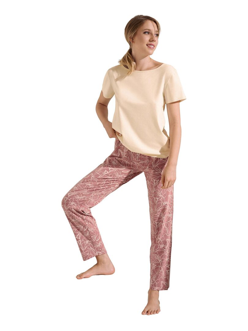 Pyjama pantalon t-shirt manches courtes Nina Beige - Kiabi
