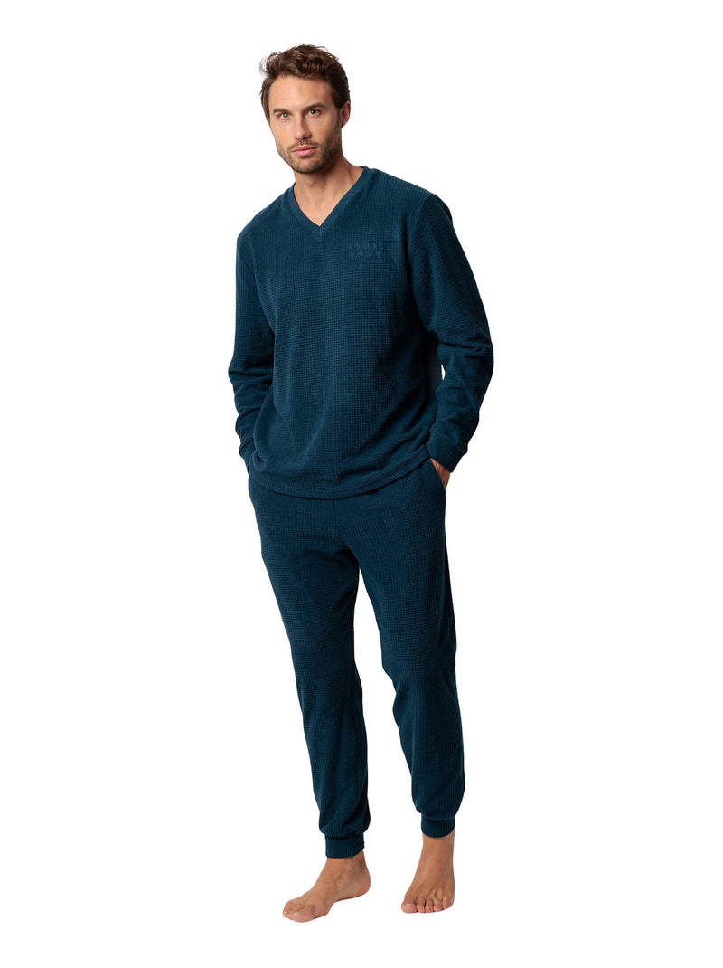 Pyjama pantalon top manches longues Checks Texture Bleu - Kiabi