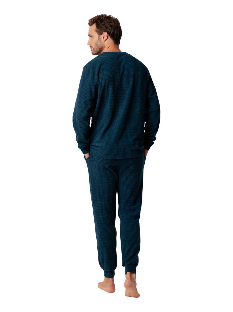 Pyjama pantalon top manches longues Checks Texture Bleu - Kiabi