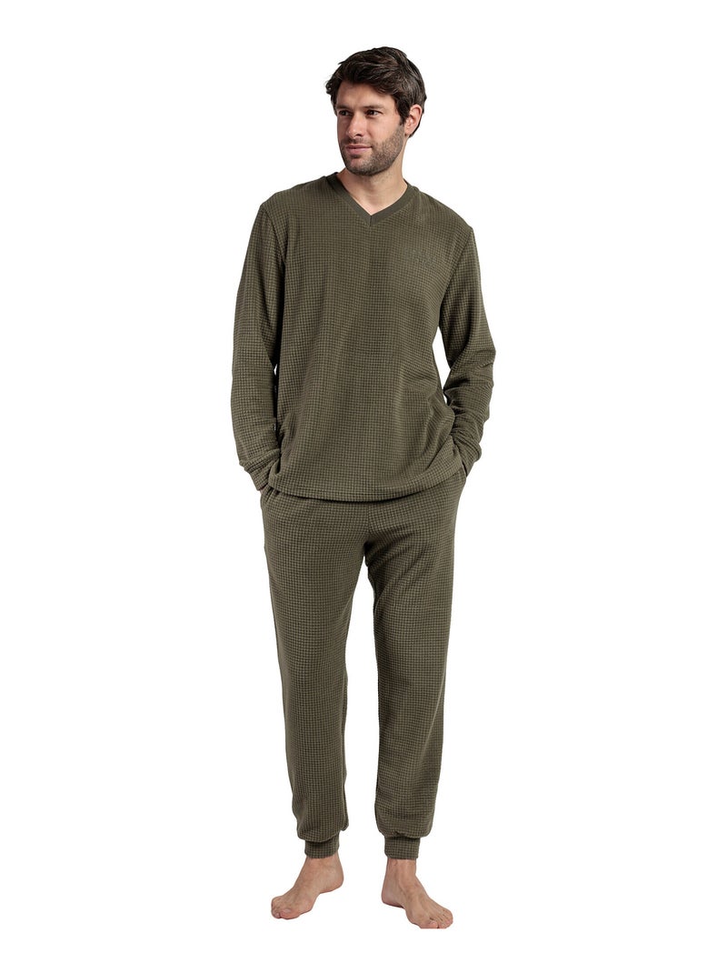 Pyjama pantalon top manches longues Checks Texture Kaki - Kiabi