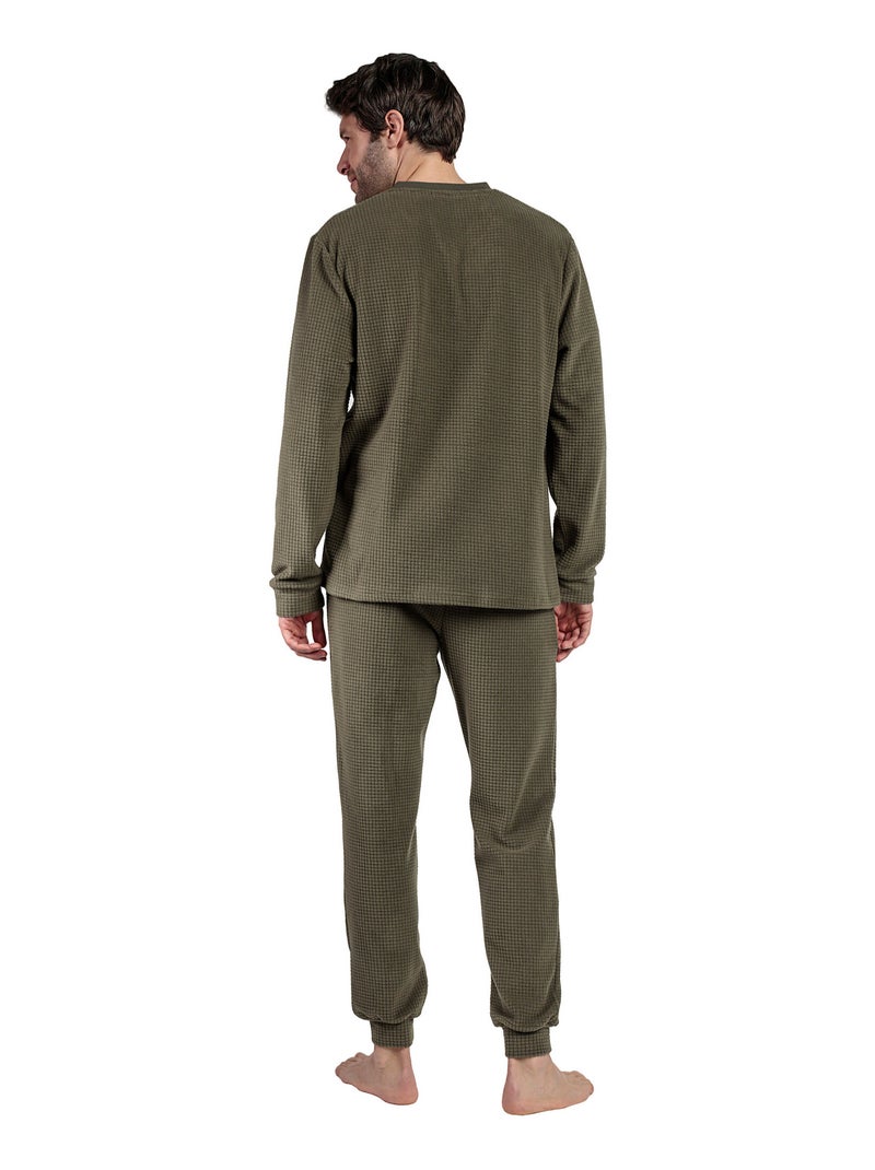 Pyjama pantalon top manches longues Checks Texture Kaki - Kiabi