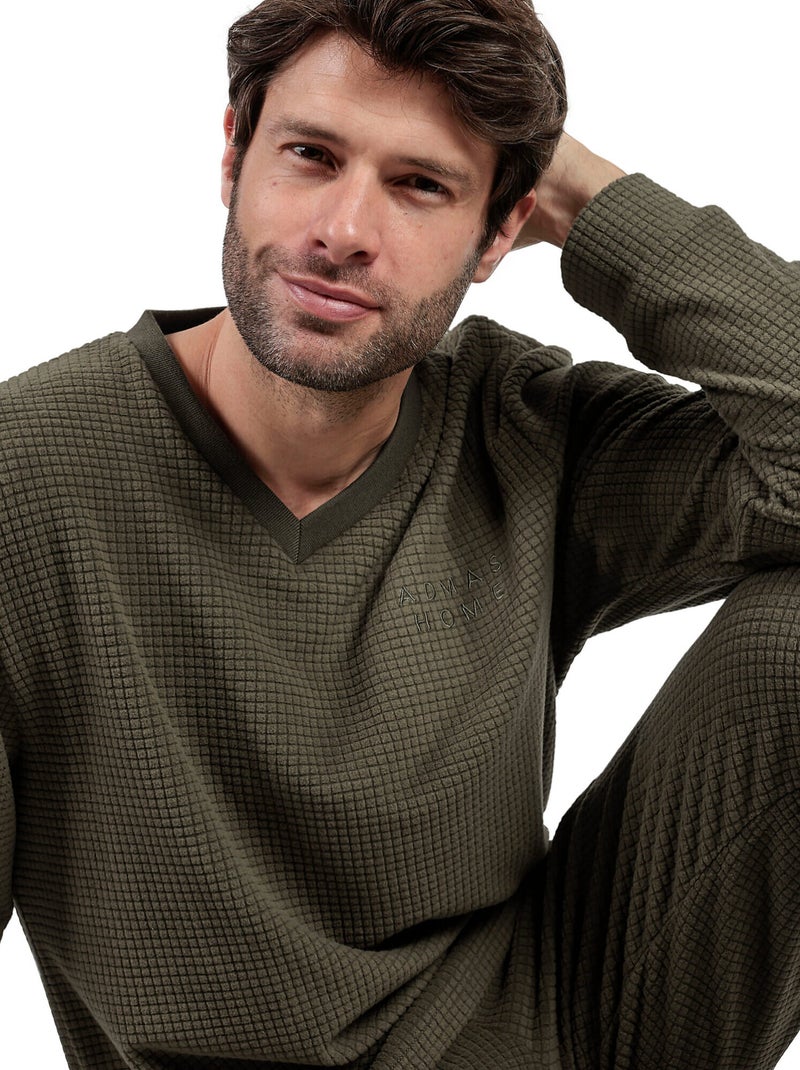 Pyjama pantalon top manches longues Checks Texture Kaki - Kiabi