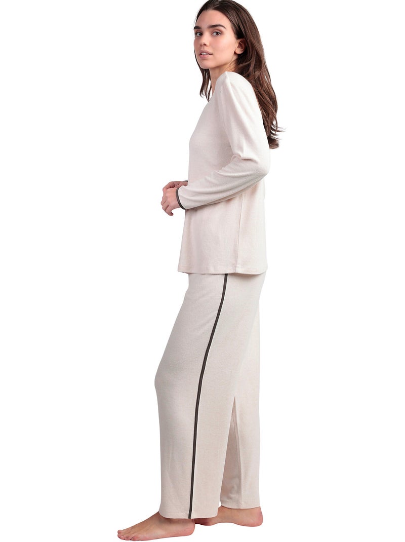 Pyjama pantalon top manches longues col V Elegant At Home Beige - Kiabi