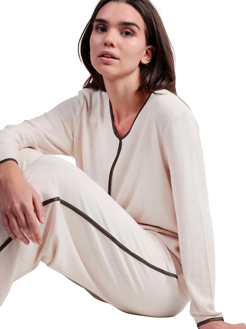 Pyjama pantalon top manches longues col V Elegant At Home Beige - Kiabi