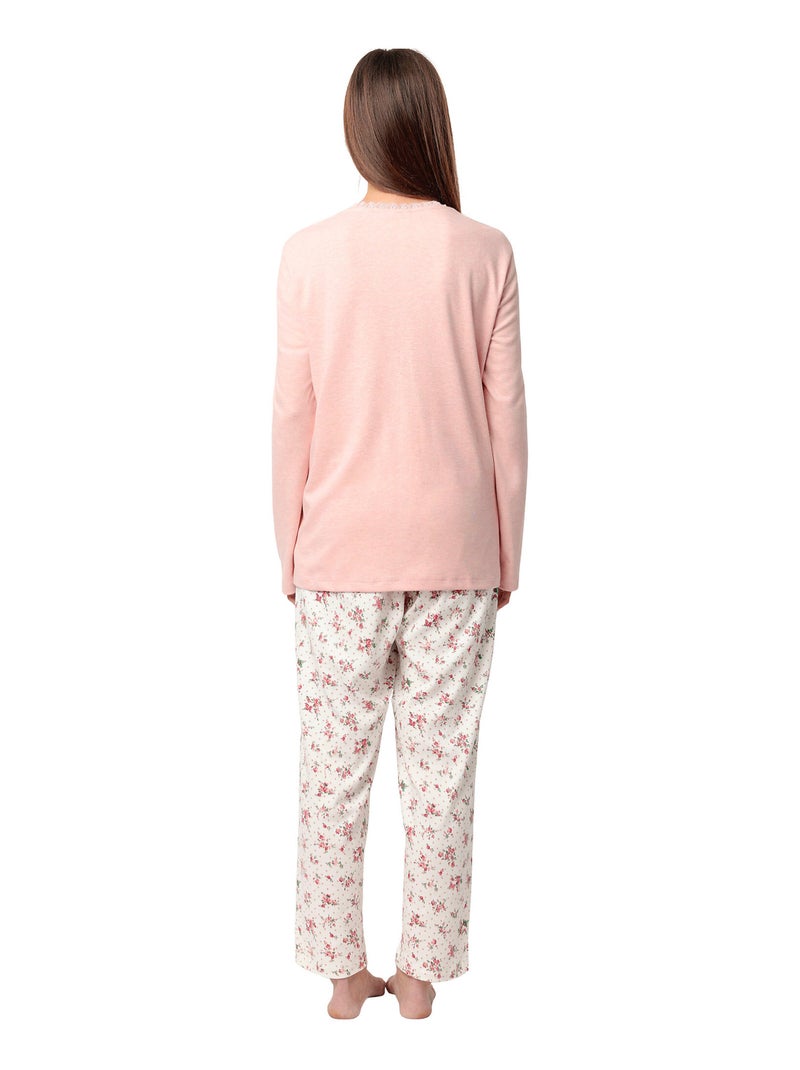 Pyjama pantalon top manches longues Dots And Flowers Orange corail - Kiabi