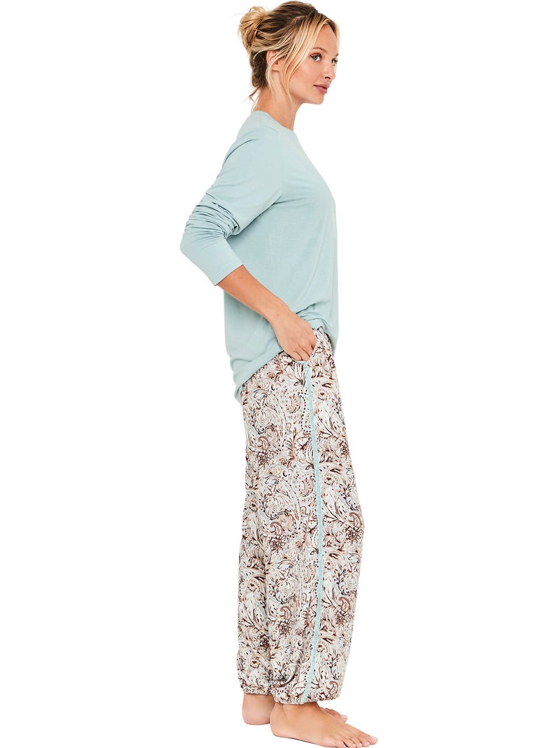 Pyjama pantalon top manches longues natural paisley Bleu ciel - Kiabi