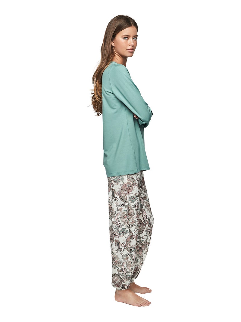 Pyjama pantalon top manches longues P109 CACHEMIRE BAMBOO Vert - Kiabi