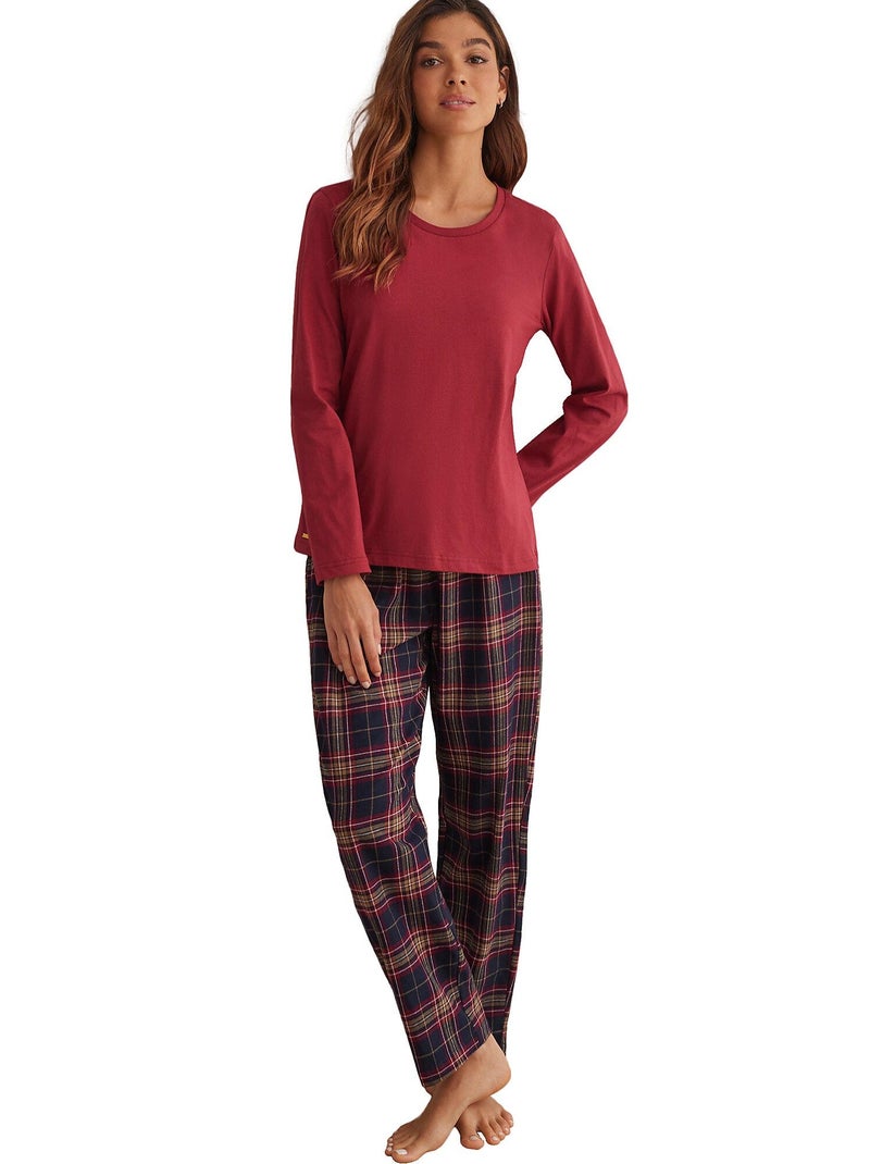 Pyjama pantalon top manches longues PLAID Bordeaux - Kiabi