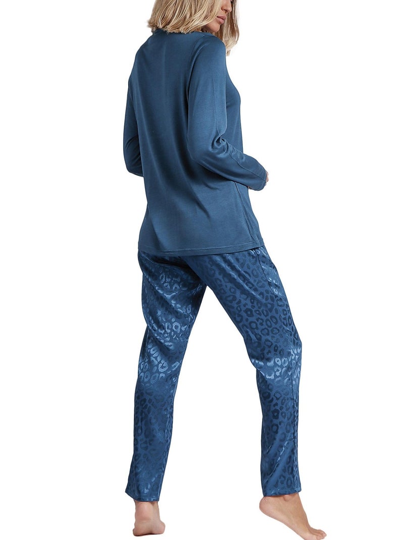Pyjama pantalon top manches longues Satin Leopard Bleu - Kiabi