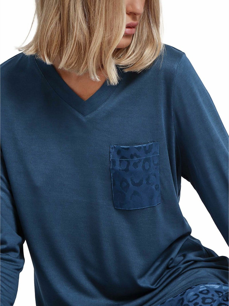 Pyjama pantalon top manches longues Satin Leopard Bleu - Kiabi