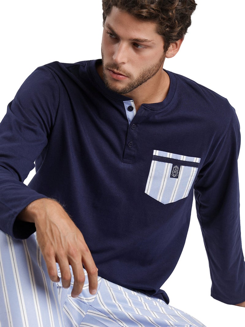 Pyjama pantalon top manches longues Stripest Bleu marine - Kiabi