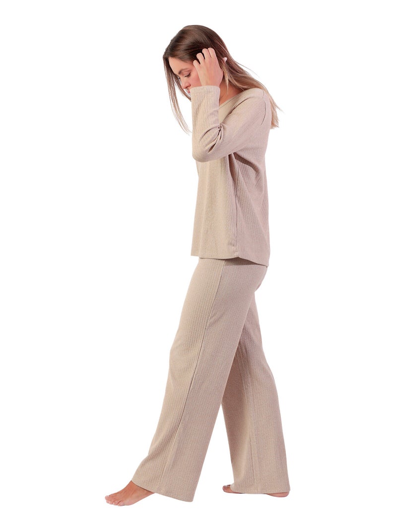 Pyjama pantalon top manches longues Supersoft Marron - Kiabi