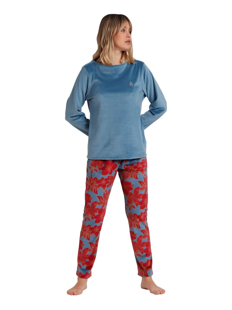 Pyjama pantalon top manches longues Velours Calentito Luxury Bleu - Kiabi