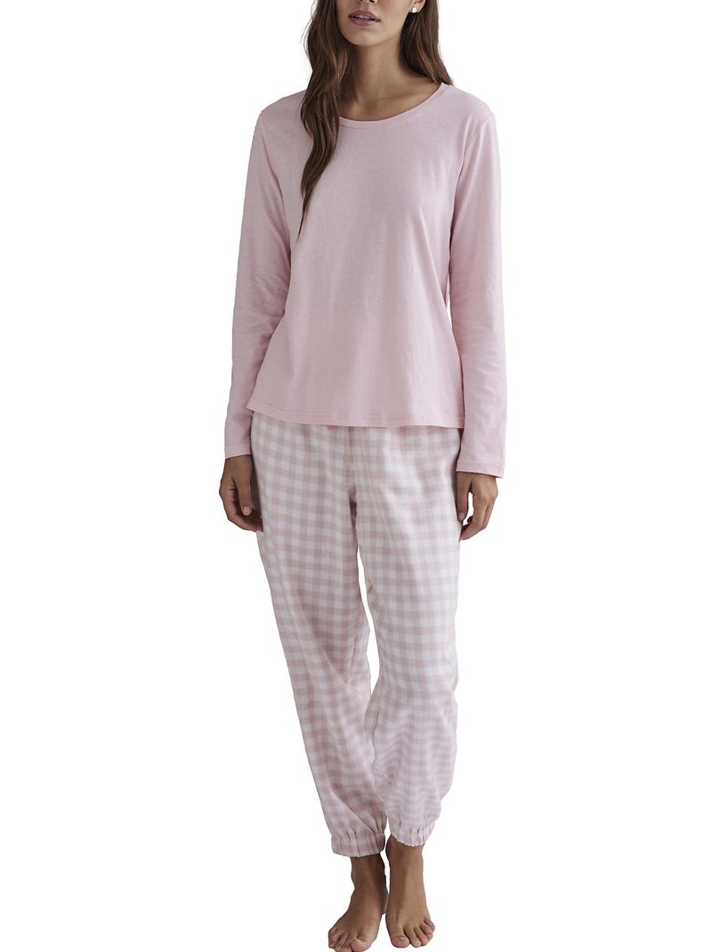 Pyjama pantalon top manches longues Vichy Rose - Kiabi