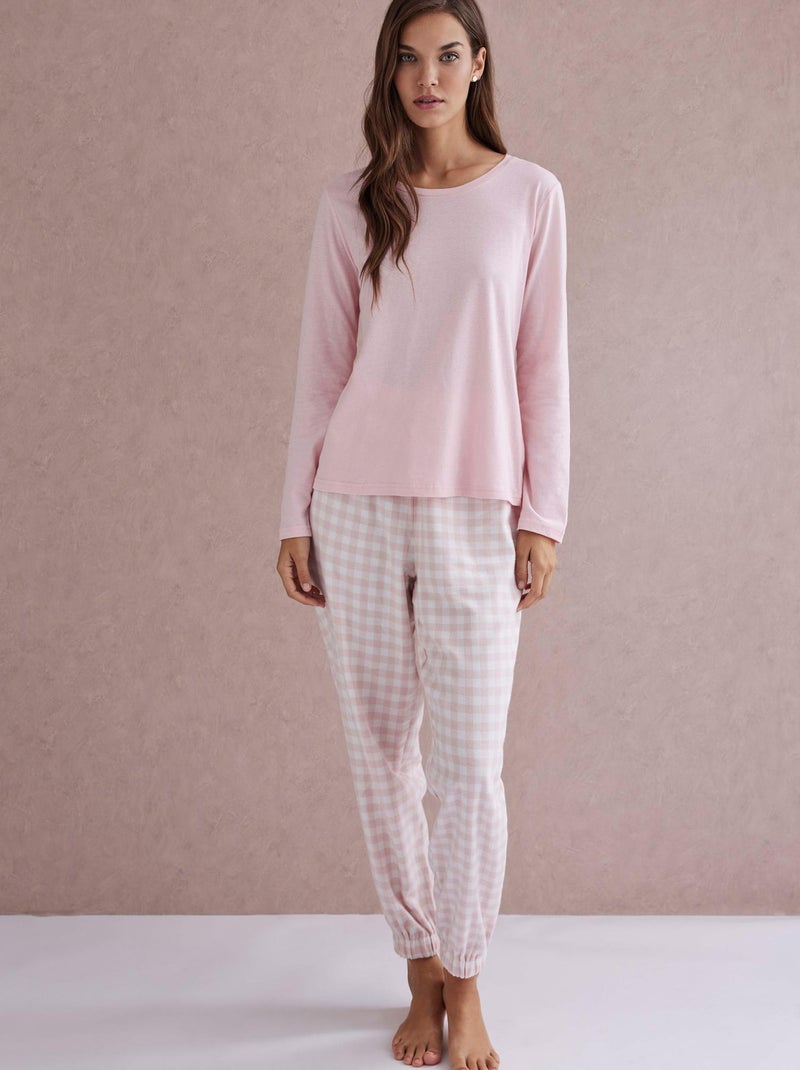 Pyjama pantalon top manches longues Vichy Rose - Kiabi