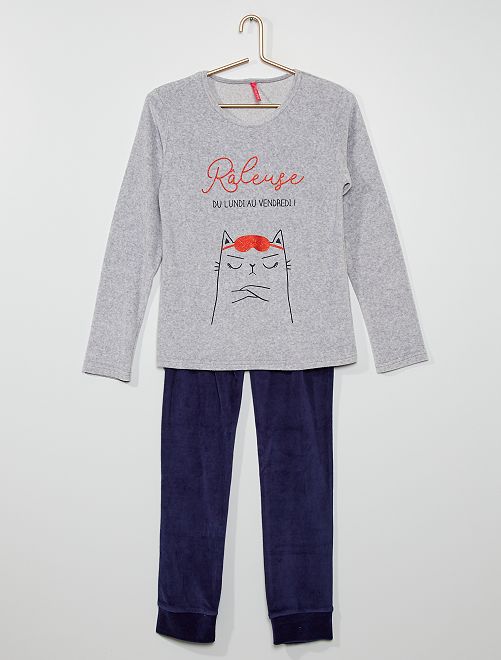 Pyjama polaire 'chat'                                         gris/marine 
