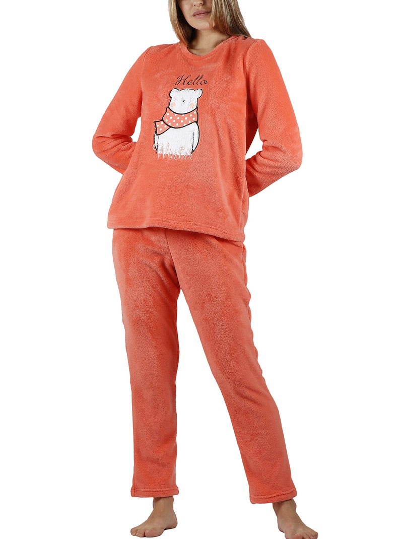 Pyjama polaire tenue pantalon top manches longues Hello Winter Orange corail - Kiabi