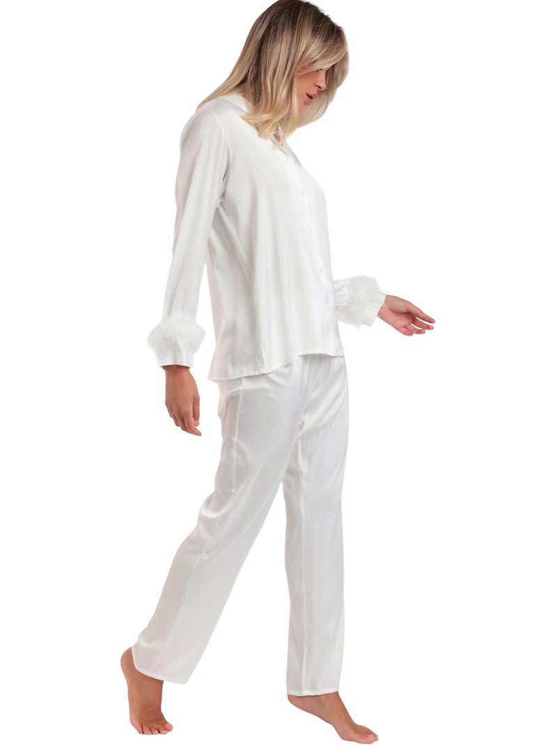 Pyjama satin chemise et pantalon plumes amovibles Plumas Marabu Luxe Blanc - Kiabi