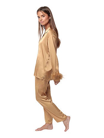 Pyjama satin chemise et pantalon plumes amovibles Plumas Marabu Luxe