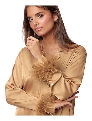 Pyjama satin chemise et pantalon plumes amovibles Plumas Marabu Luxe