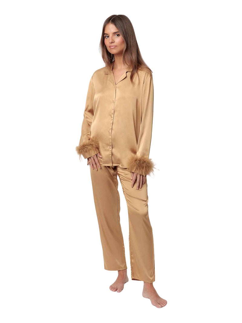 Pyjama satin chemise et pantalon plumes amovibles Plumas Marabu Luxe Jaune - Kiabi