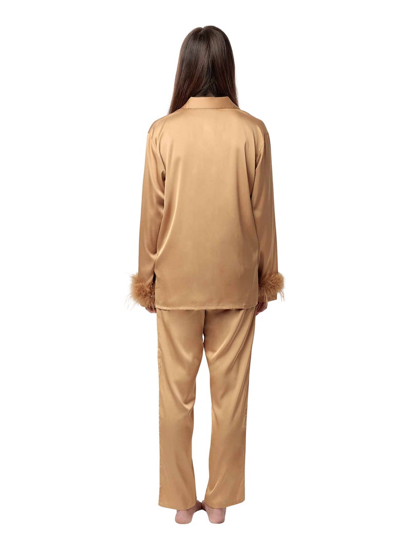 Pyjama satin chemise et pantalon plumes amovibles Plumas Marabu Luxe Jaune - Kiabi