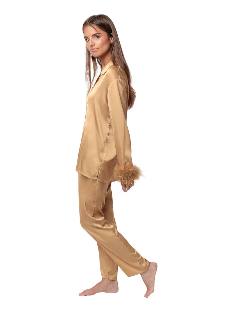 Pyjama satin chemise et pantalon plumes amovibles Plumas Marabu Luxe Jaune - Kiabi