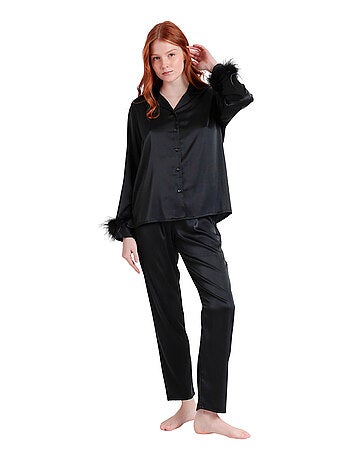 Pyjama satin chemise et pantalon plumes amovibles Plumas Marabu Luxe