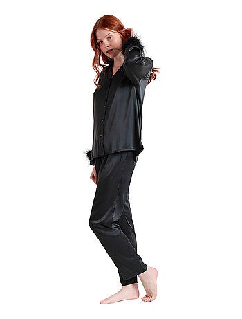 Pyjama satin chemise et pantalon plumes amovibles Plumas Marabu Luxe