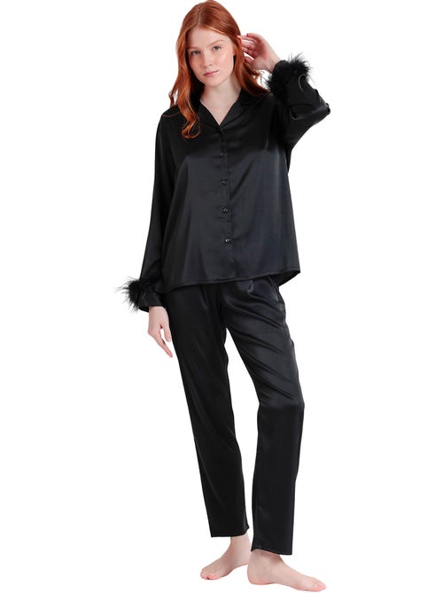 Pyjama satin chemise et pantalon plumes amovibles Plumas Marabu Luxe - Kiabi
