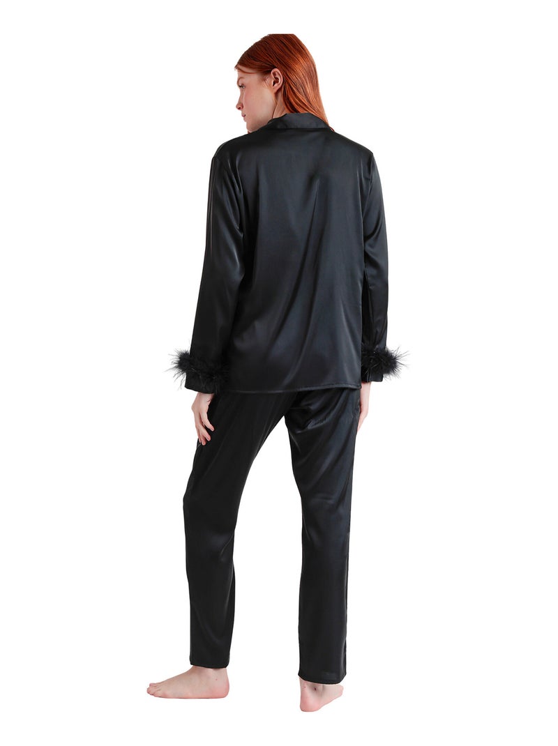 Pyjama satin chemise et pantalon plumes amovibles Plumas Marabu Luxe Noir - Kiabi