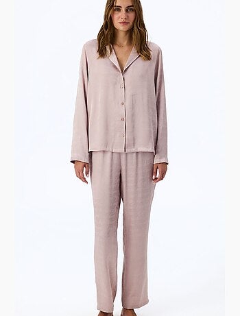 Pyjama satin pastel à motif slogan, chemise manches longues et pantalon penti