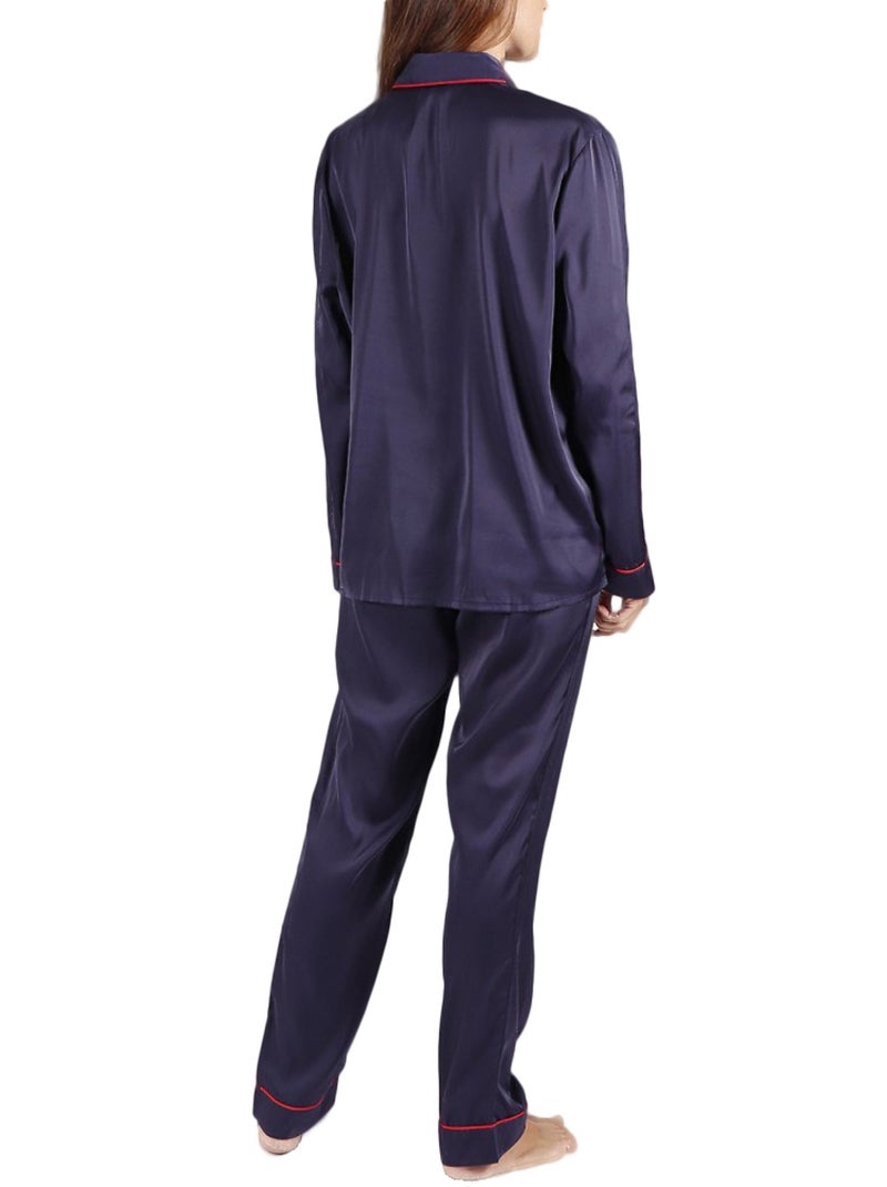 Pyjama satin tenue d'intérieur chemise et pantalon Classic Bleu