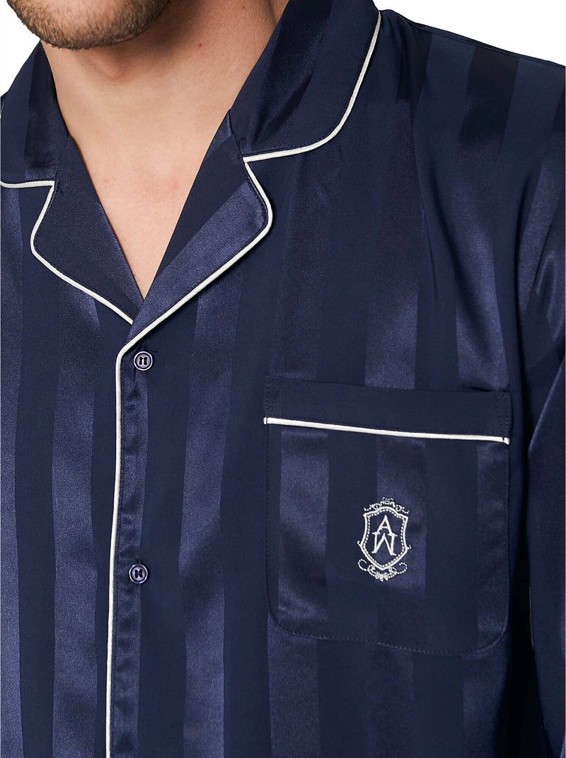 Pyjama satin tenue d'intérieur chemise et pantalon Stripes Bleu marine - Kiabi