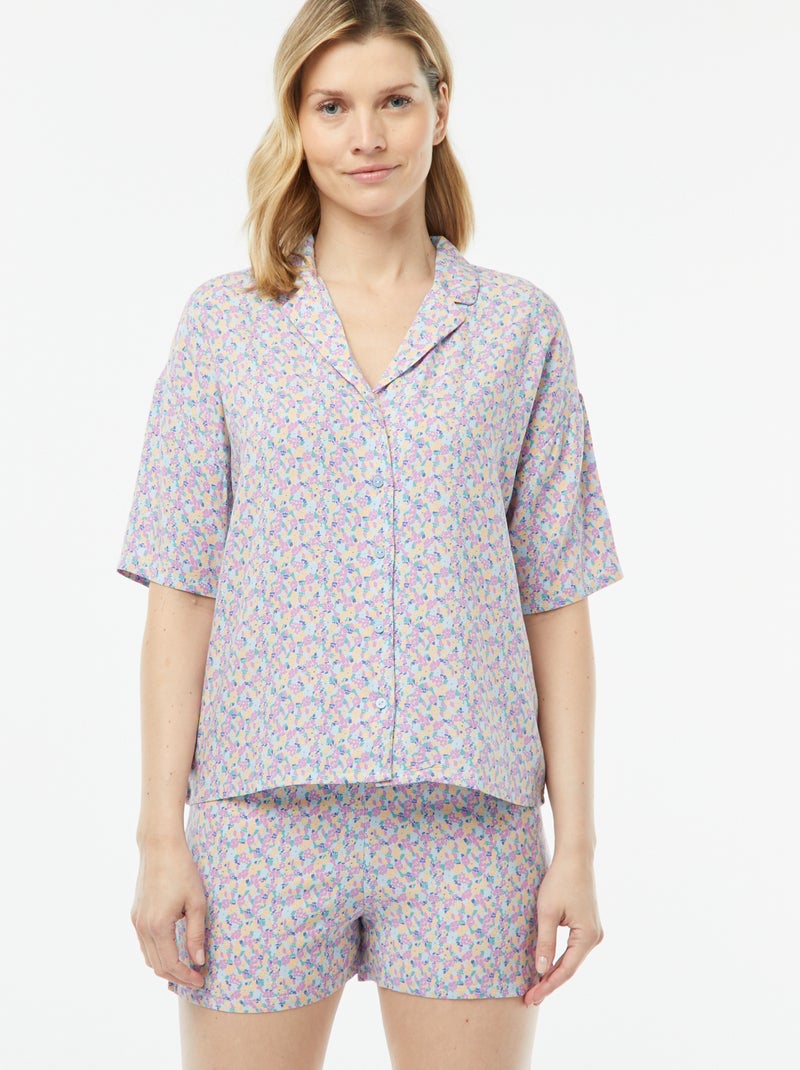 Pyjama short 2 pièces - chemisier + pantalon imprimé Bleu/violet - Kiabi