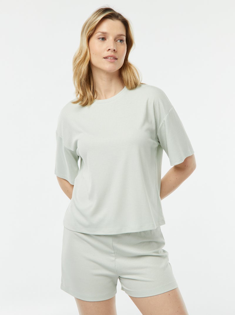 Pyjama short 2 pièces en maille côtelée Bleu ciel - Kiabi