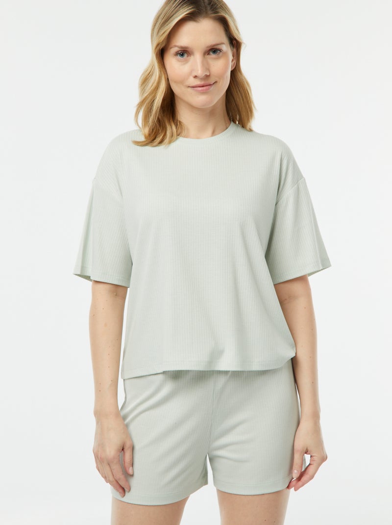 Pyjama short 2 pièces en maille côtelée Bleu ciel - Kiabi